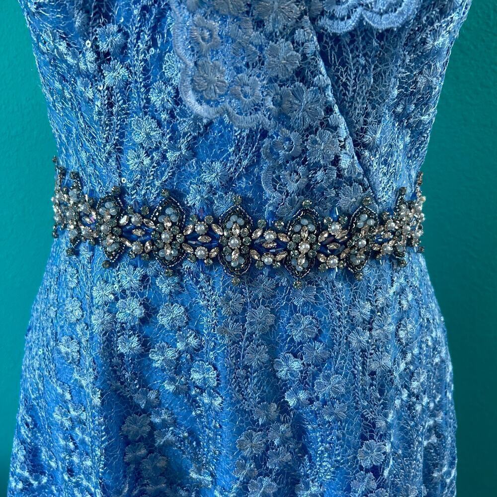 NWT Mac Duggal Blue Lace Ruffled Rhinestone Waist Maxi Gown Formal Prom Size 4 - Picture 2 of 8